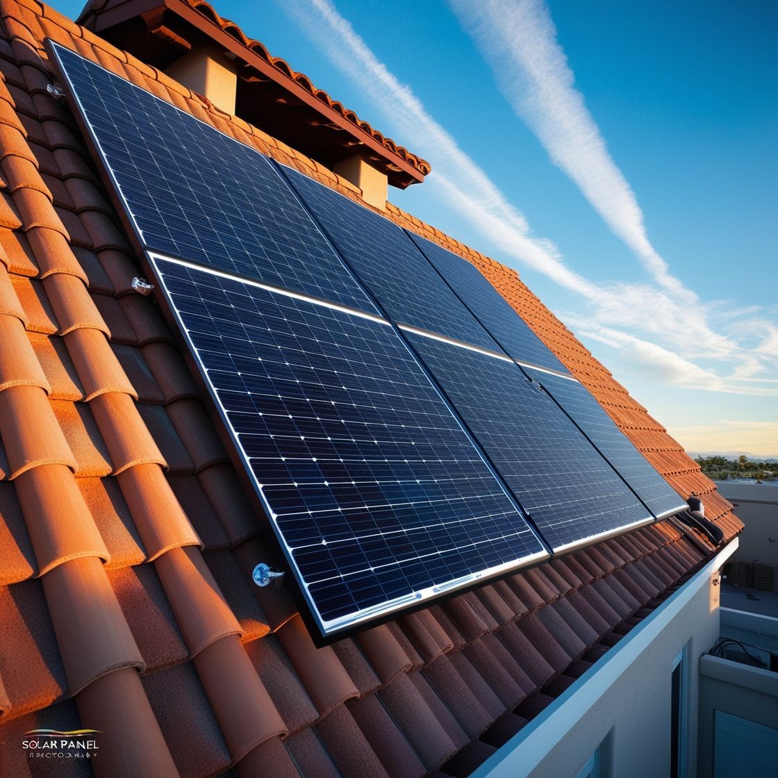 Technician inspecting solar panels on a rooftop