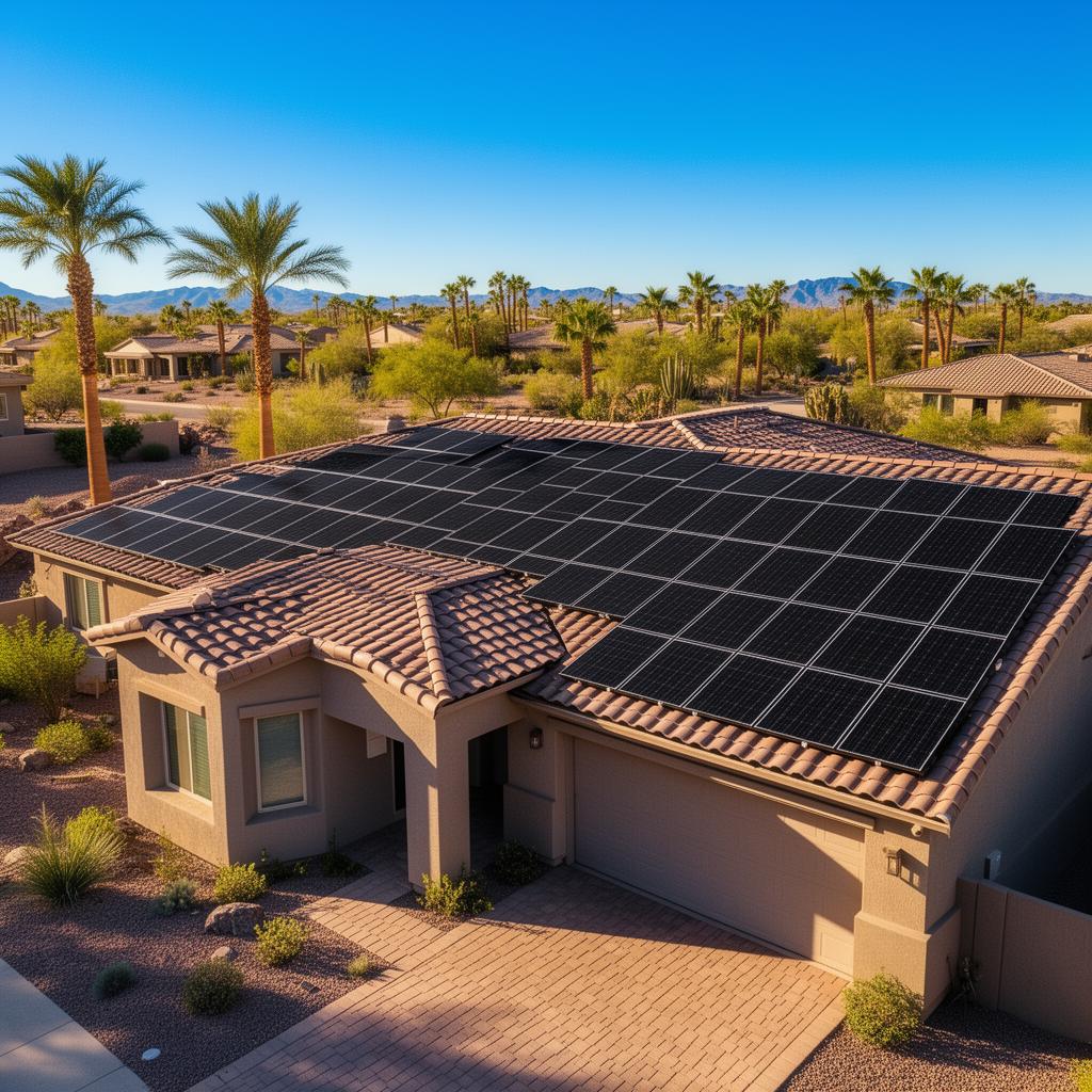Solar panels installed on an Arizona home with clear blue sky