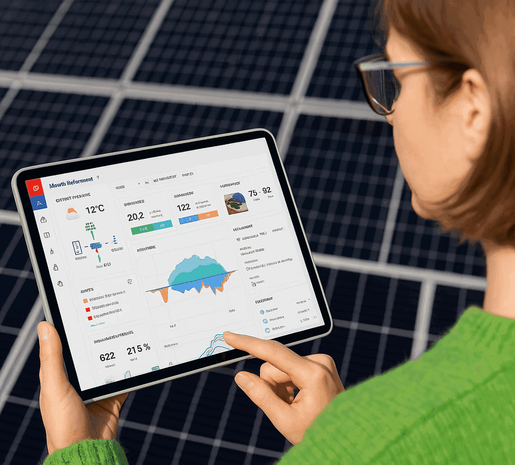 Technician monitoring solar panel performance on tablet with analytics dashboard
