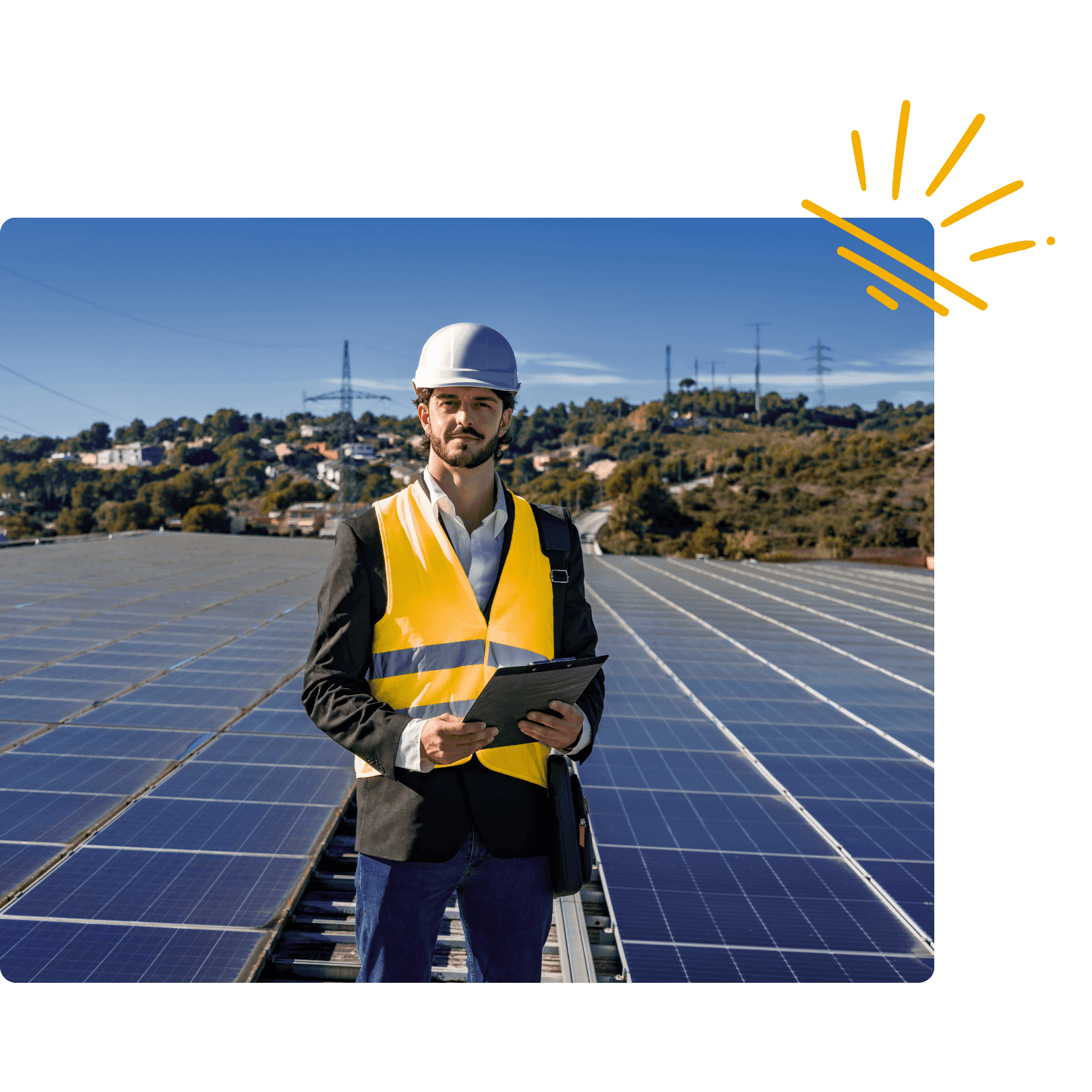 Solar technician with tablet on rooftop with panels